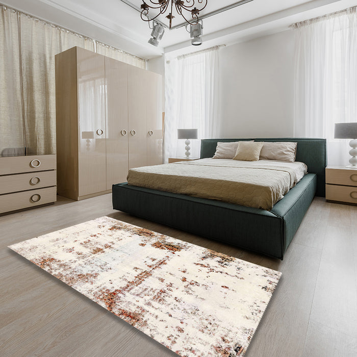 Machine Washable Abstract Tan Brown Rug in a Bedroom, wshabs2084