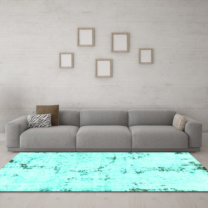 Machine Washable Abstract Turquoise Modern Area Rugs in a Living Room,, wshabs2086turq