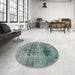 Round Machine Washable Abstract Dark Sea Green Rug in a Office, wshabs2087