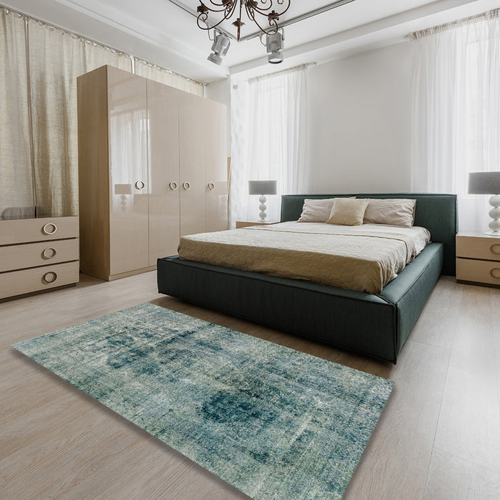 Machine Washable Abstract Dark Sea Green Rug in a Bedroom, wshabs2087