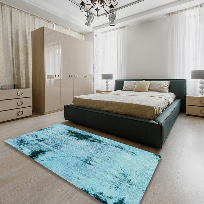 Abstract Blue Ivy Blue Persian Rug in a Bedroom, abs2096