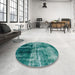 Round Machine Washable Abstract Teal Green Rug in a Office, wshabs2097