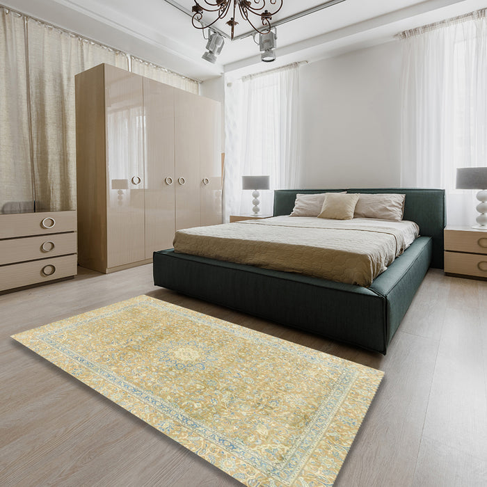 Abstract Brown Gold Modern Rug in a Bedroom, abs2102