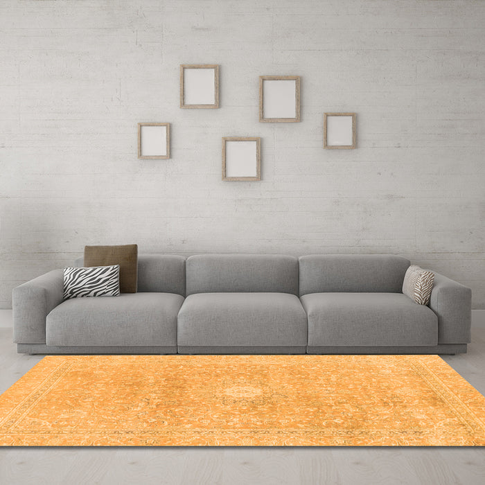 Machine Washable Abstract Orange Modern Area Rugs in a Living Room, wshabs2102org