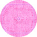 Round Machine Washable Abstract Pink Modern Rug, wshabs2103pnk