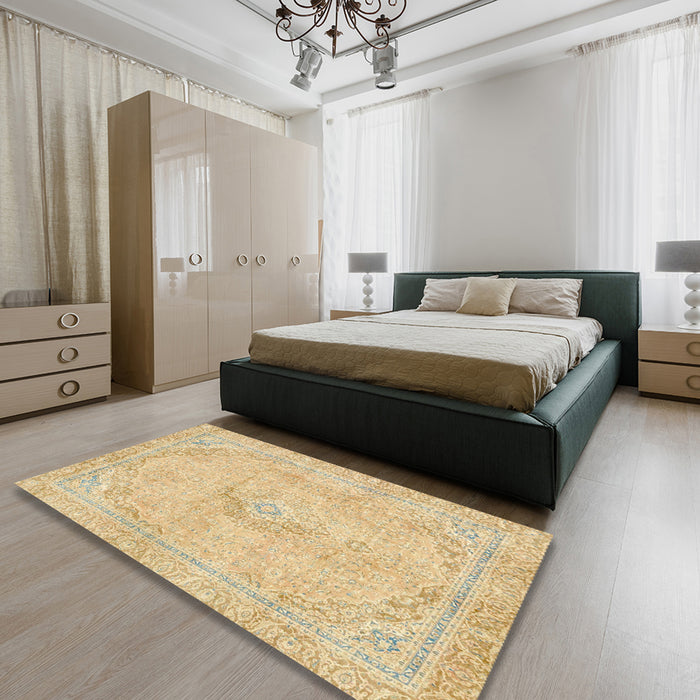Abstract Mustard Yellow Modern Rug in a Bedroom, abs2103
