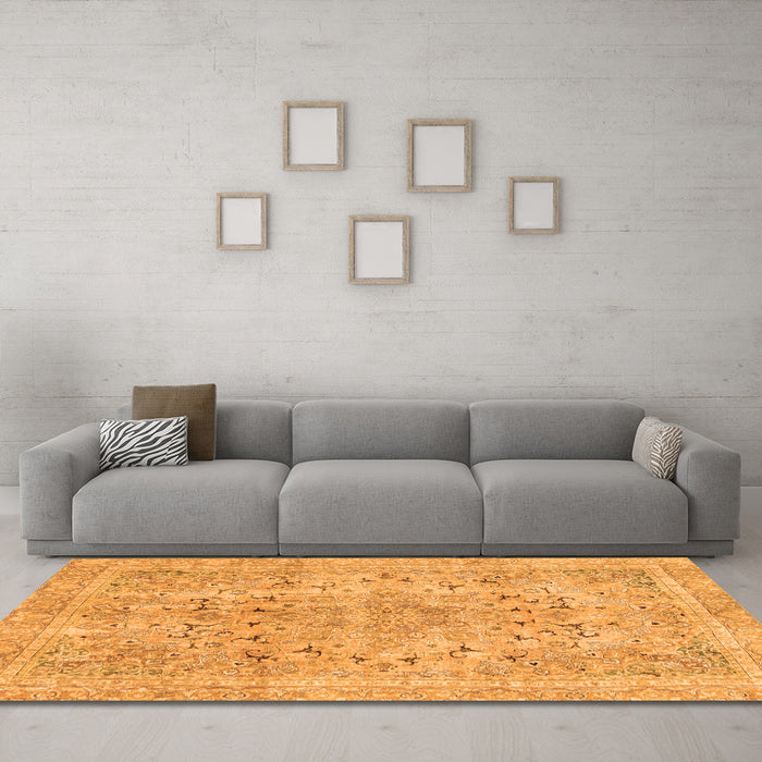 Machine Washable Abstract Orange Modern Area Rugs in a Living Room, wshabs2104org