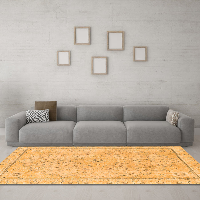 Machine Washable Abstract Orange Modern Area Rugs in a Living Room, wshabs2108org
