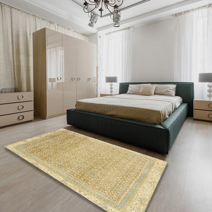 Machine Washable Abstract Brown Gold Rug in a Bedroom, wshabs2109