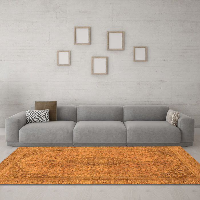 Machine Washable Abstract Orange Modern Area Rugs in a Living Room, wshabs2110org