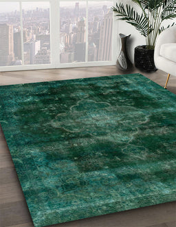 Machine Washable Abstract Deep Teal Green Rug in a Family Room, wshabs2111