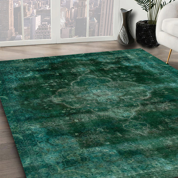 Machine Washable Abstract Deep Teal Green Rug in a Family Room, wshabs2111