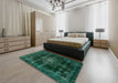 Abstract Deep Teal Green Modern Rug in a Bedroom, abs2111