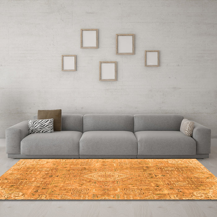 Machine Washable Abstract Orange Modern Area Rugs in a Living Room, wshabs2112org