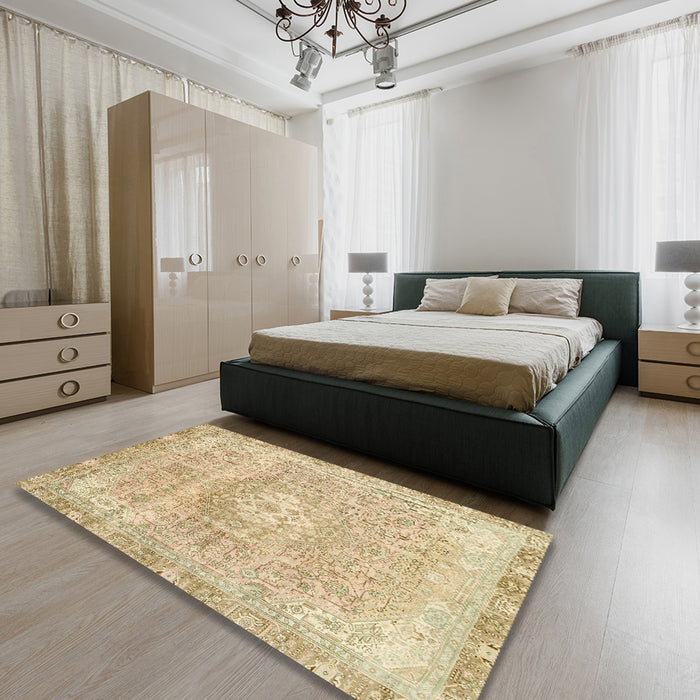 Abstract Brown Gold Modern Rug in a Bedroom, abs2114