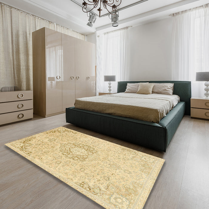 Machine Washable Abstract Brown Gold Rug in a Bedroom, wshabs2116