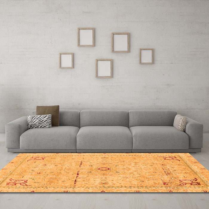 Machine Washable Abstract Orange Modern Area Rugs in a Living Room, wshabs2117org