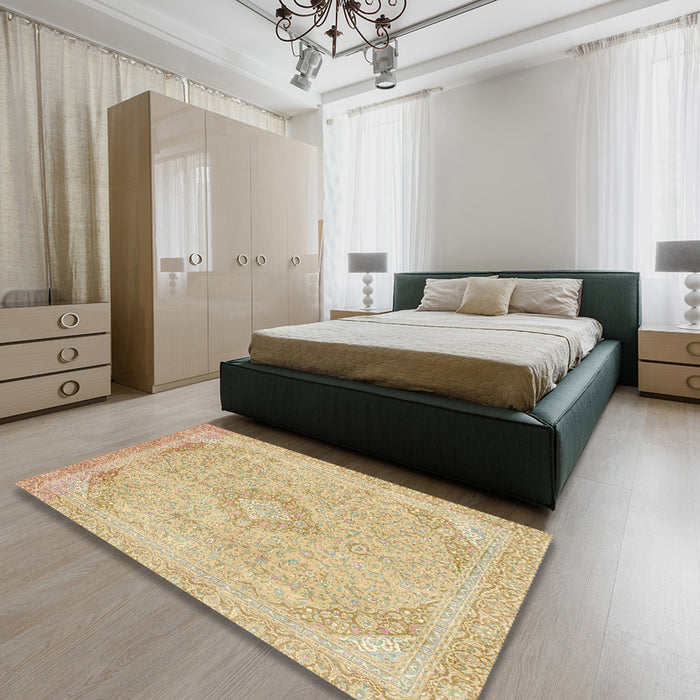 Abstract Brown Gold Modern Rug in a Bedroom, abs2118