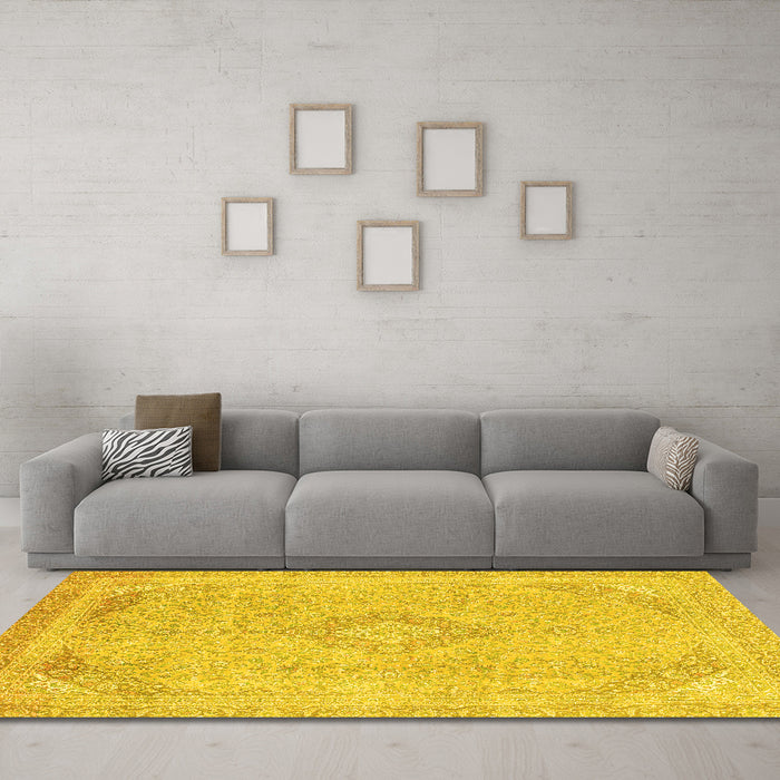 Machine Washable Abstract Yellow Modern Rug in a Living Room, wshabs2118yw