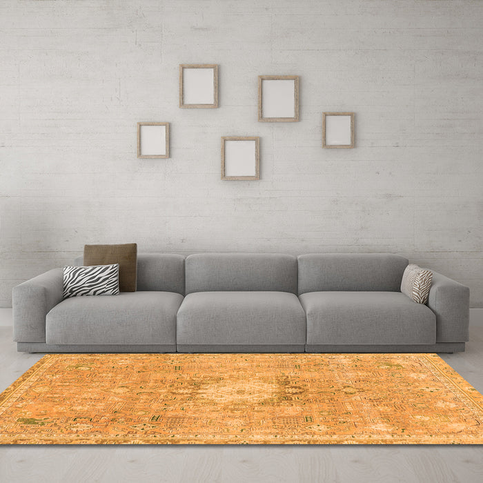 Machine Washable Abstract Orange Modern Area Rugs in a Living Room, wshabs2119org