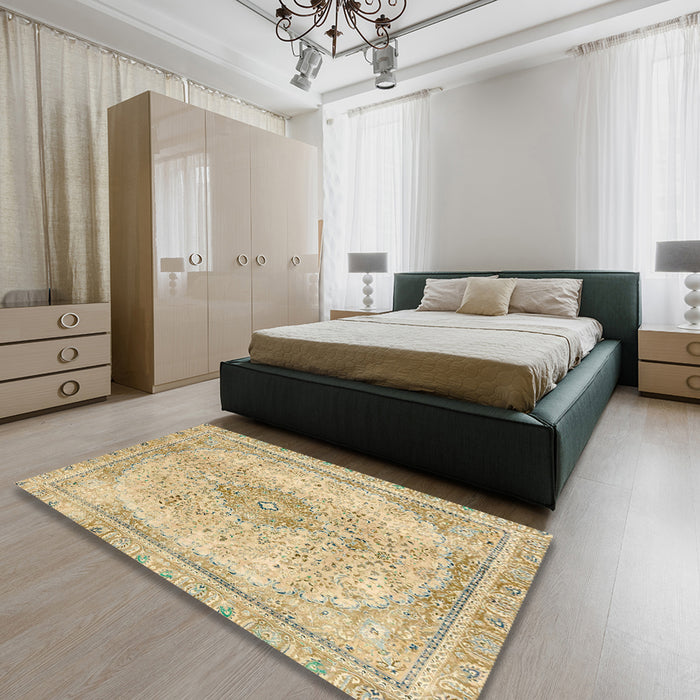 Abstract Brown Gold Modern Rug in a Bedroom, abs2120