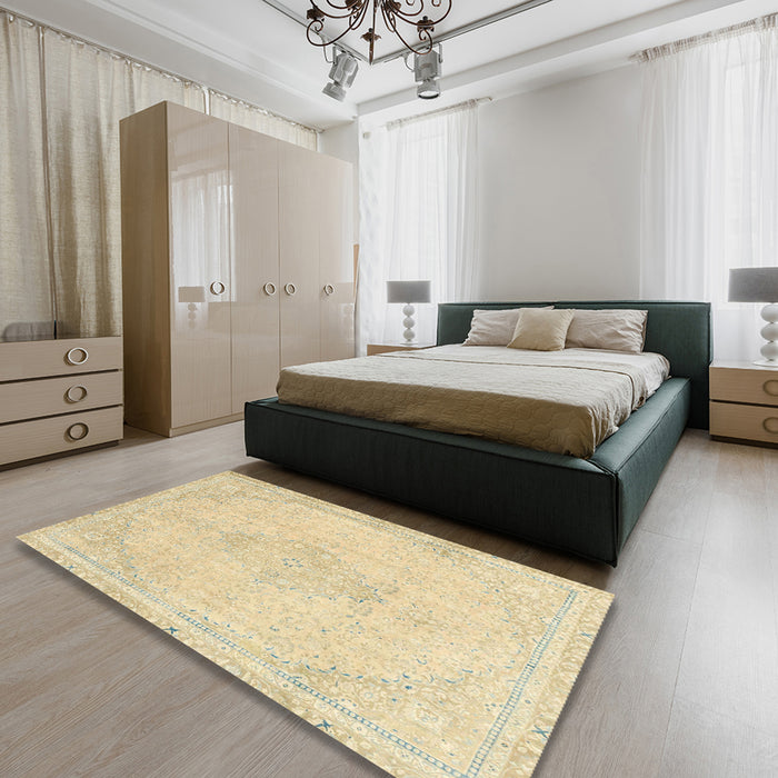 Abstract Brown Gold Modern Rug in a Bedroom, abs2121