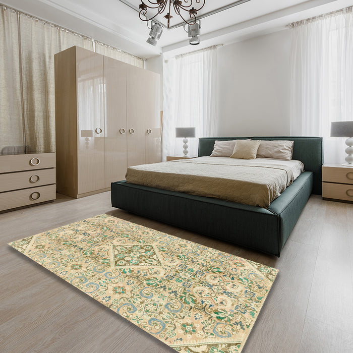 Machine Washable Abstract Brass Green Rug in a Bedroom, wshabs2127