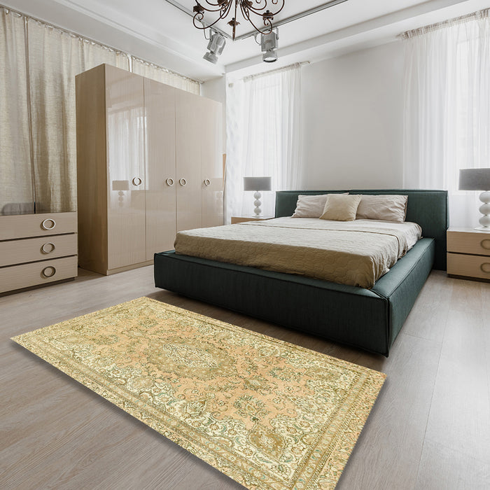 Machine Washable Abstract Brown Gold Rug in a Bedroom, wshabs2128
