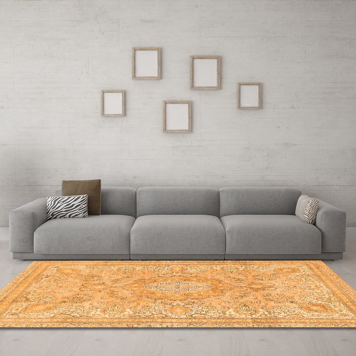 Machine Washable Abstract Orange Modern Area Rugs in a Living Room, wshabs2128org