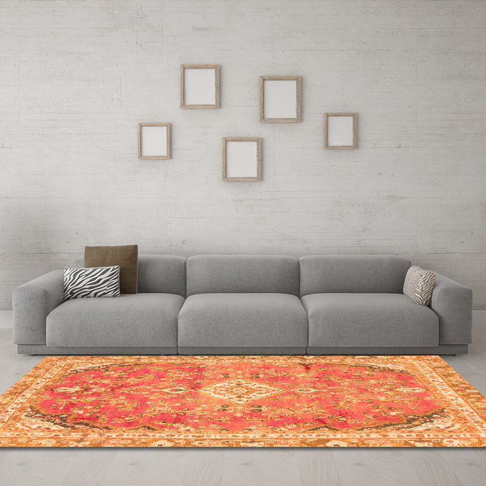 Machine Washable Abstract Orange Modern Area Rugs in a Living Room, wshabs2130org