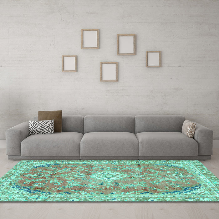 Machine Washable Abstract Turquoise Modern Area Rugs in a Living Room,, wshabs2130turq
