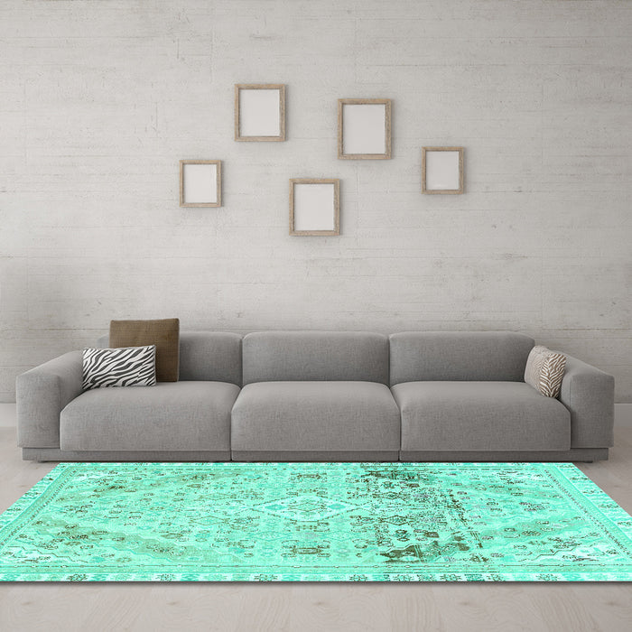 Machine Washable Abstract Turquoise Modern Area Rugs in a Living Room,, wshabs2131turq
