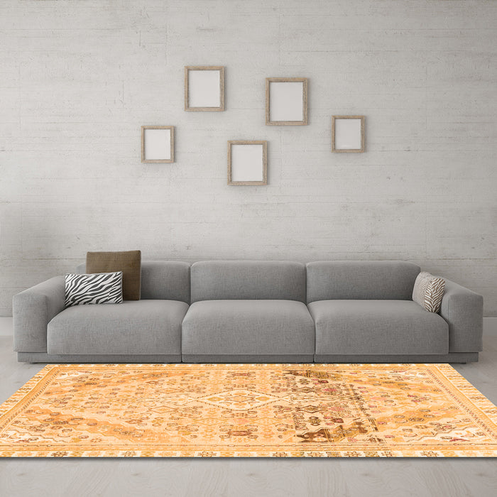 Machine Washable Abstract Orange Modern Area Rugs in a Living Room, wshabs2131org