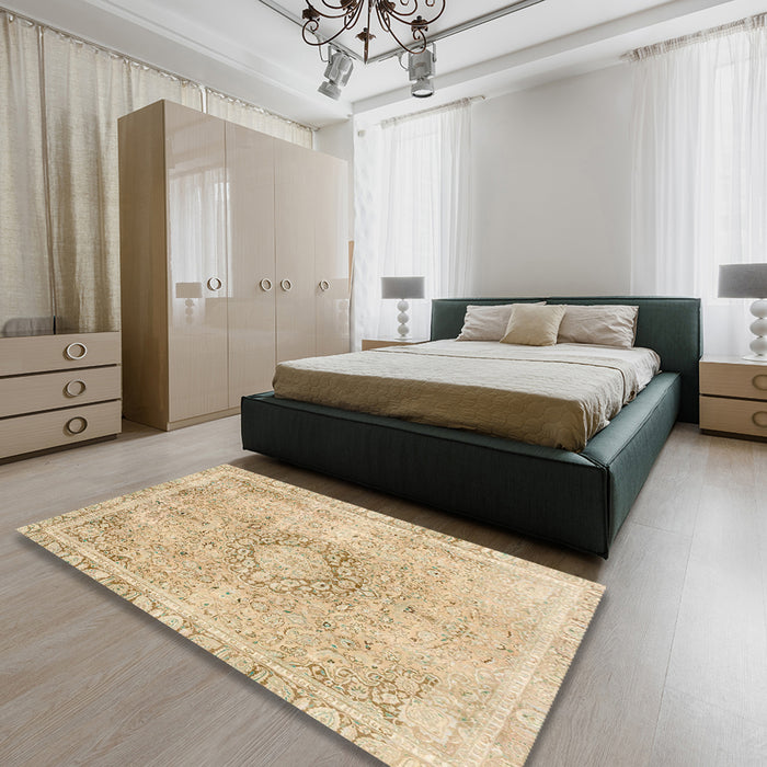 Abstract Brown Gold Modern Rug in a Bedroom, abs2133