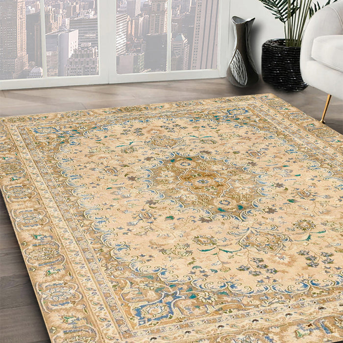 Abstract Brown Gold Modern Rug in Family Room, abs2134