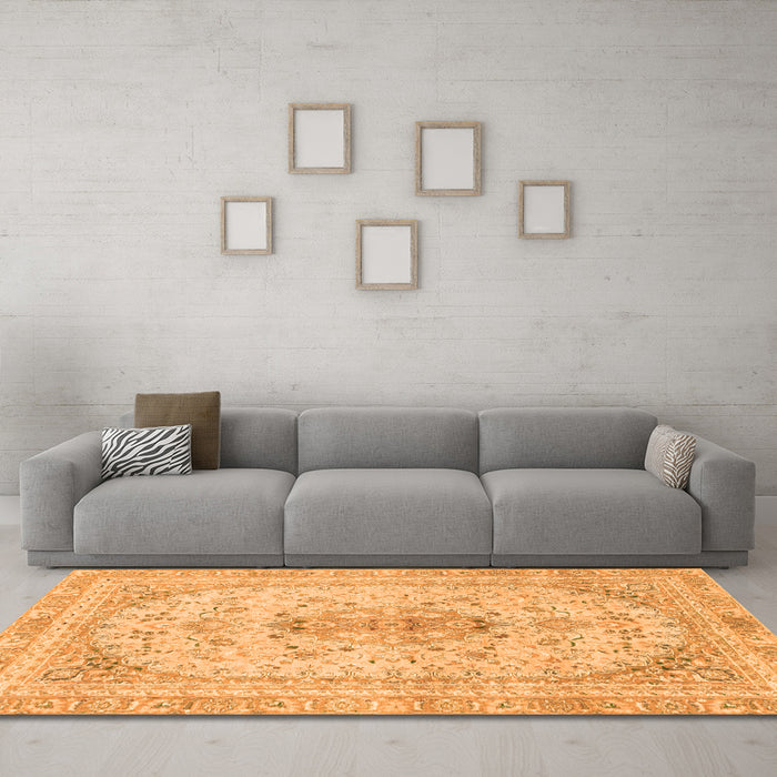 Machine Washable Abstract Orange Modern Area Rugs in a Living Room, wshabs2134org