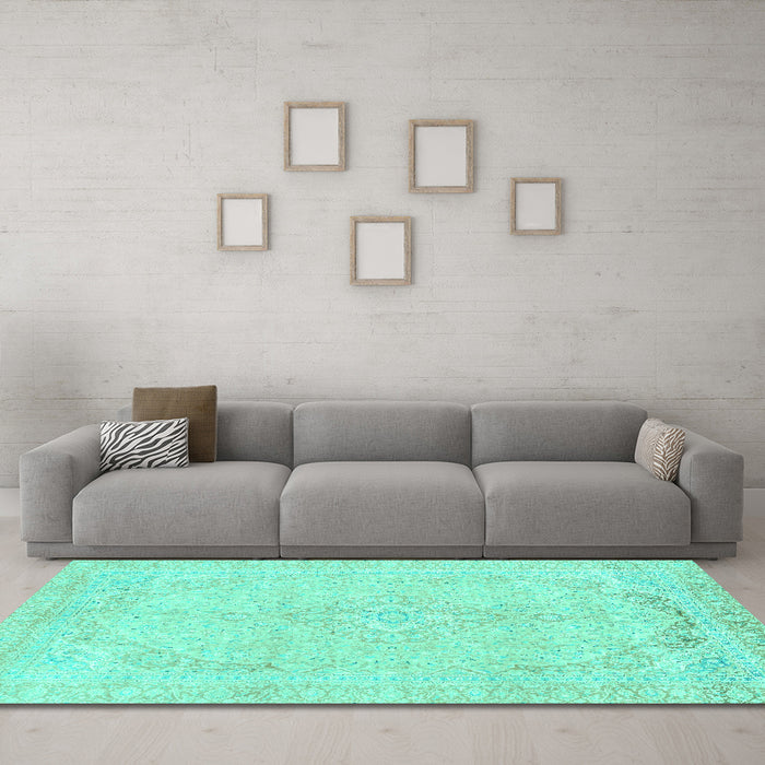 Machine Washable Abstract Turquoise Modern Area Rugs in a Living Room,, wshabs2135turq