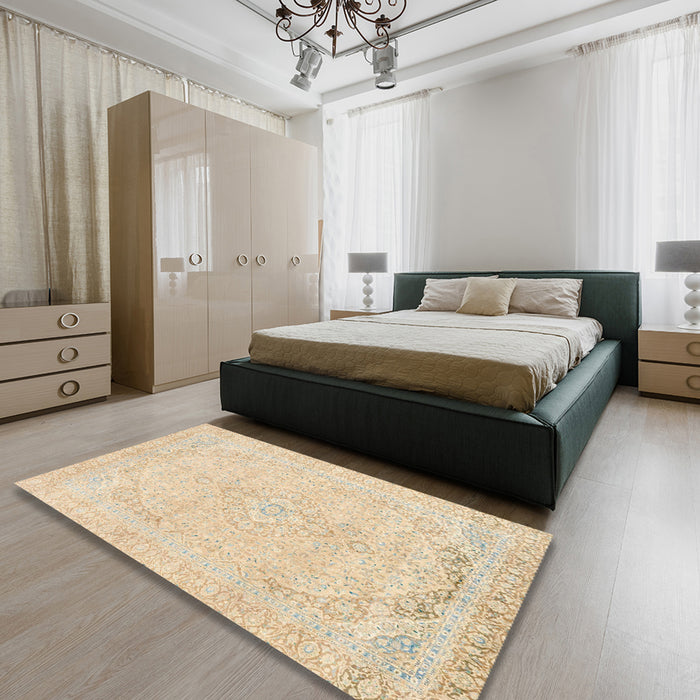 Machine Washable Abstract Khaki Gold Rug in a Bedroom, wshabs2135