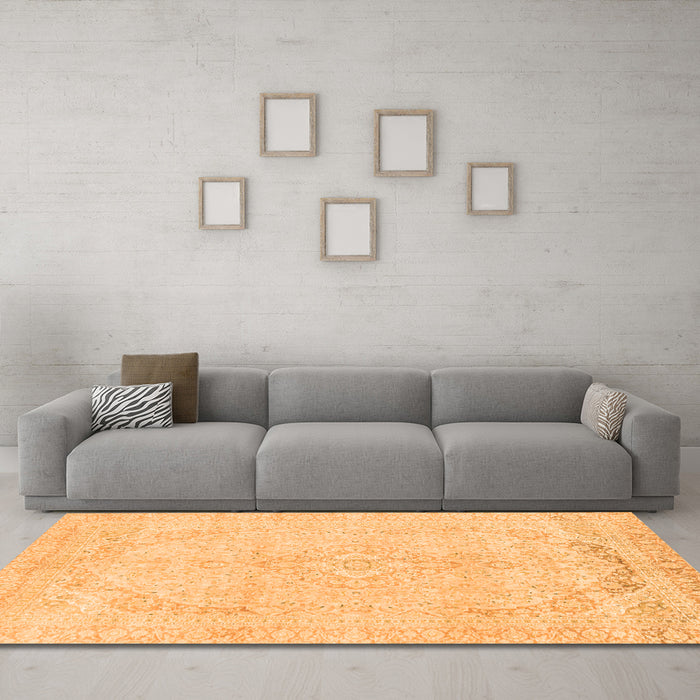 Machine Washable Abstract Orange Modern Area Rugs in a Living Room, wshabs2135org