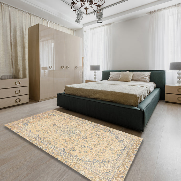 Machine Washable Abstract Khaki Gold Rug in a Bedroom, wshabs2140