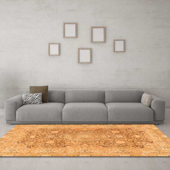Machine Washable Abstract Orange Modern Area Rugs in a Living Room, wshabs2141org