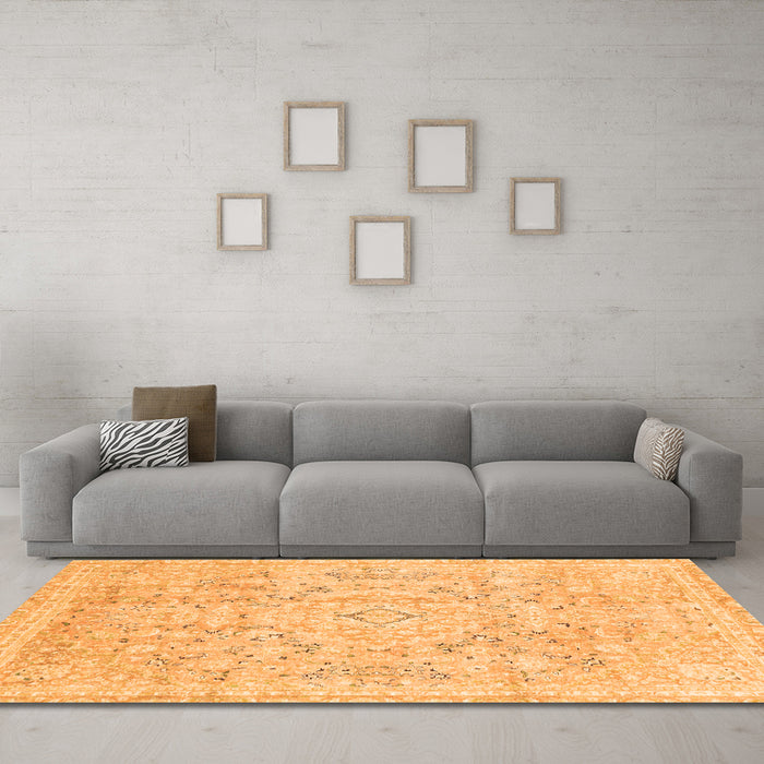 Machine Washable Abstract Orange Modern Area Rugs in a Living Room, wshabs2144org