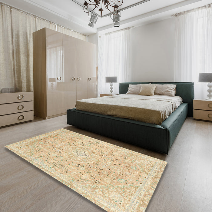Machine Washable Abstract Brown Gold Rug in a Bedroom, wshabs2144