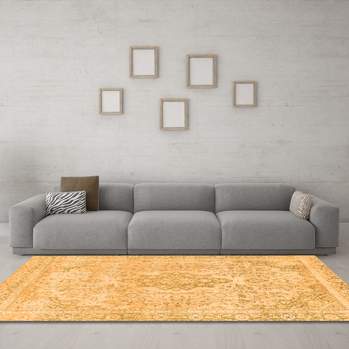 Machine Washable Abstract Orange Modern Area Rugs in a Living Room, wshabs2148org