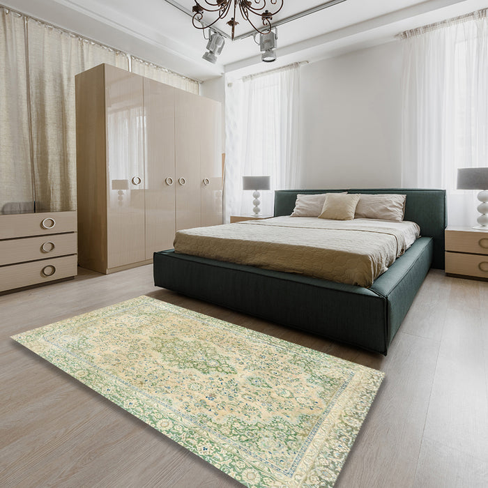 Machine Washable Abstract Olive Green Rug in a Bedroom, wshabs2148