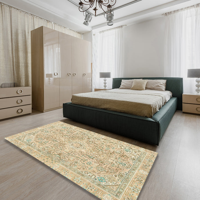 Abstract Khaki Gold Modern Rug in a Bedroom, abs2149