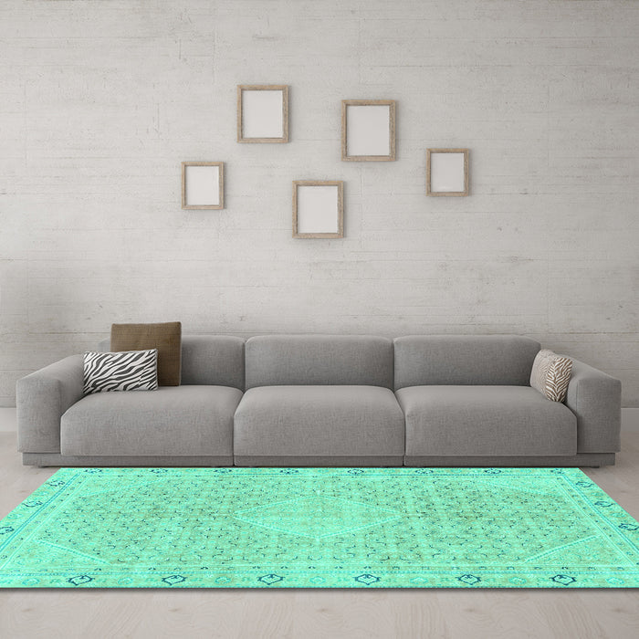 Machine Washable Abstract Turquoise Modern Area Rugs in a Living Room,, wshabs2150turq