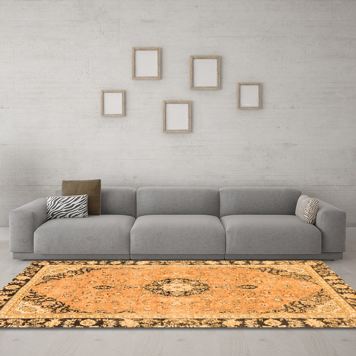 Machine Washable Abstract Orange Modern Area Rugs in a Living Room, wshabs2151org