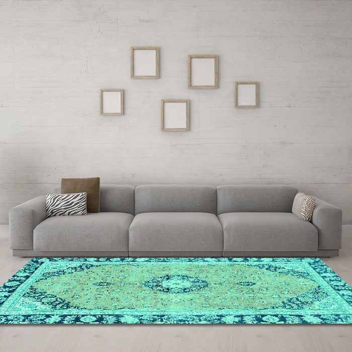 Machine Washable Abstract Turquoise Modern Area Rugs in a Living Room,, wshabs2151turq