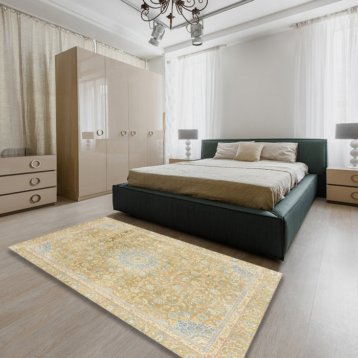 Abstract Metallic Gold Modern Rug in a Bedroom, abs2152